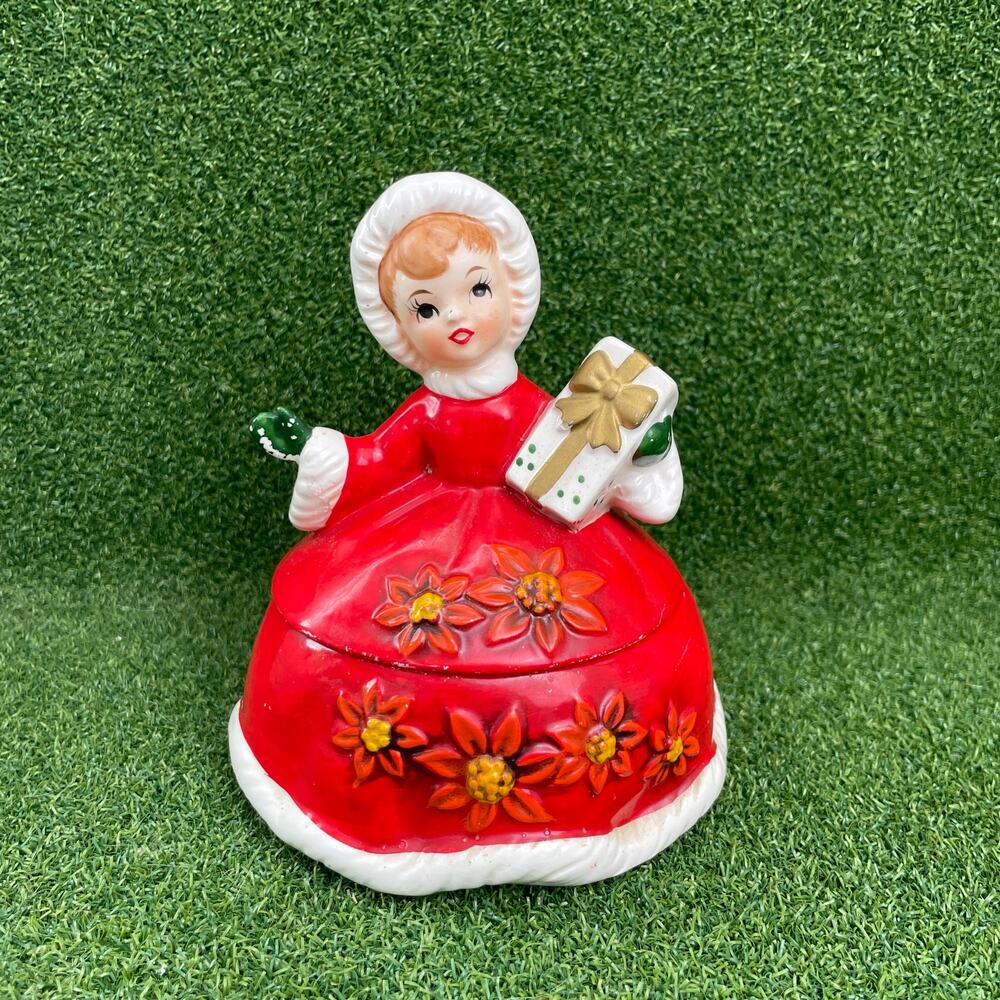 Vintage Lefton Christmas Poinsettia Girl Ceramic Trinket Box